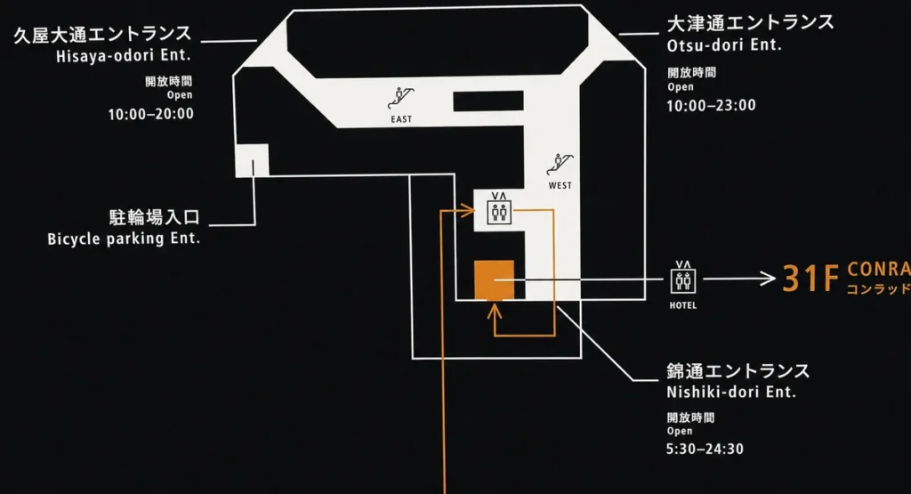 HAERA地上1階エントランスの開放時間案内板。久屋大通10:00〜20:00、大津通10:00〜23:00、錦通5:30〜24:30