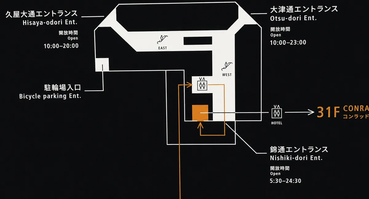 HAERA地上1階エントランスの開放時間案内板。久屋大通10:00〜20:00、大津通10:00〜23:00、錦通5:30〜24:30