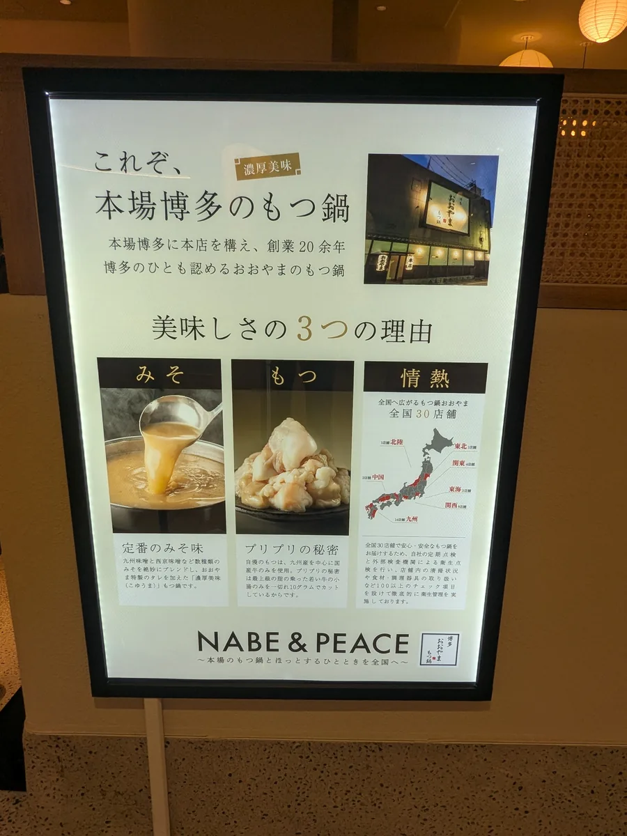 博多もつ鍋おおやまのこだわりを紹介する店内ポスター