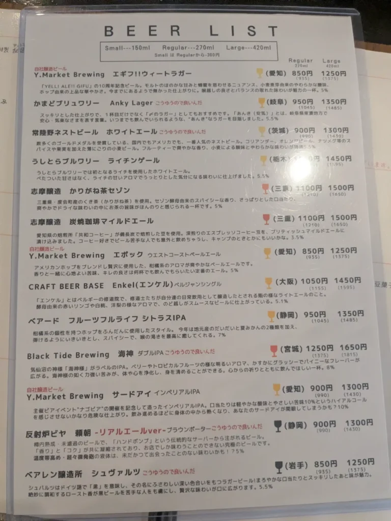 CRAFTBEER KEG NAGOYAのビールリスト。サイズはSmall150ml・Regular270ml・Large420mlの3種類