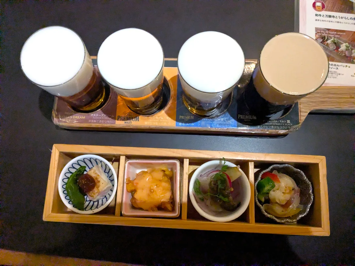 マスターズドリームハウス名古屋のビールペアリングセット。4種のビールと4種のおつまみ