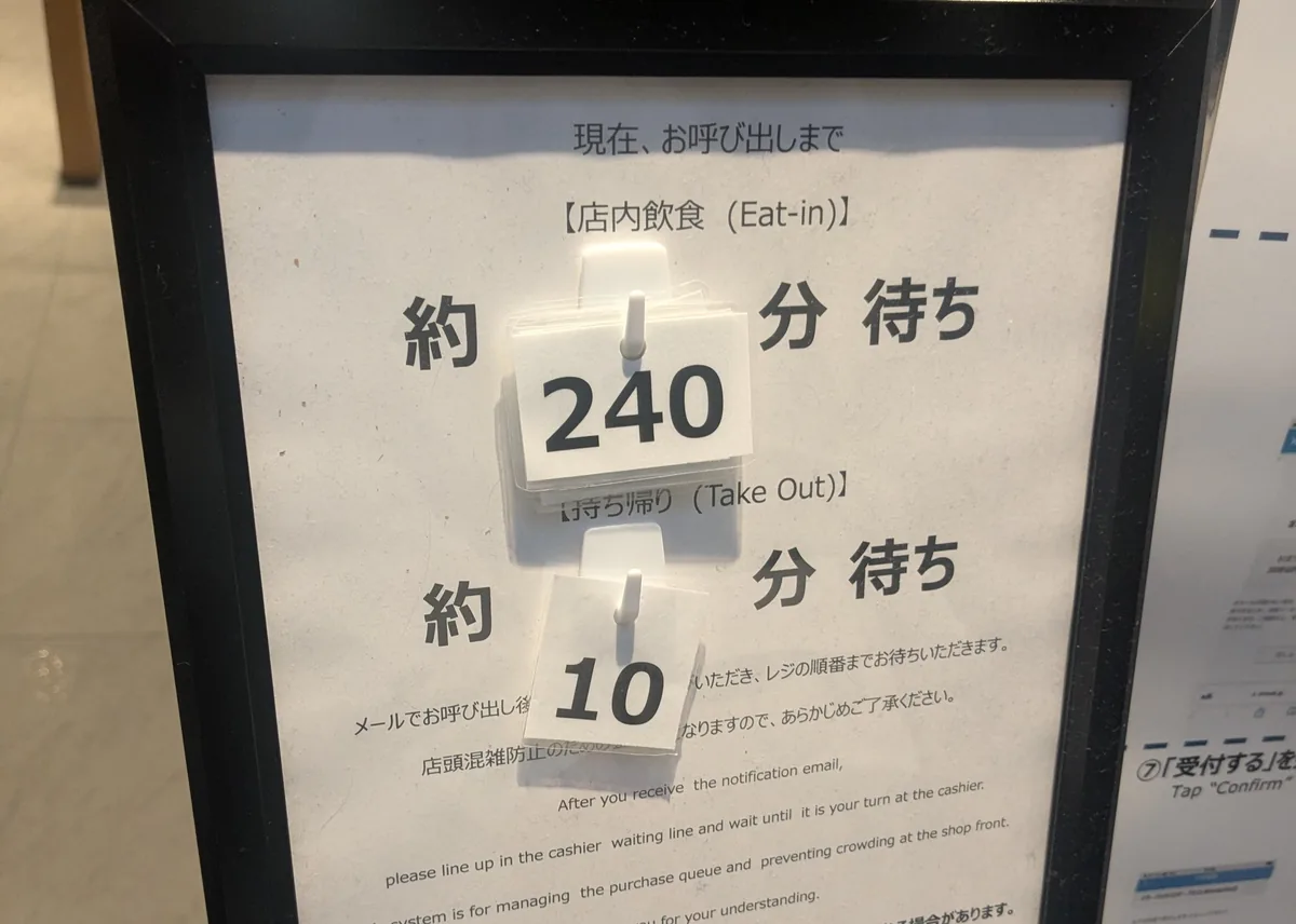 店内飲食 約240分待ち・お持ち帰り 約10分待ちと表示された店頭の案内