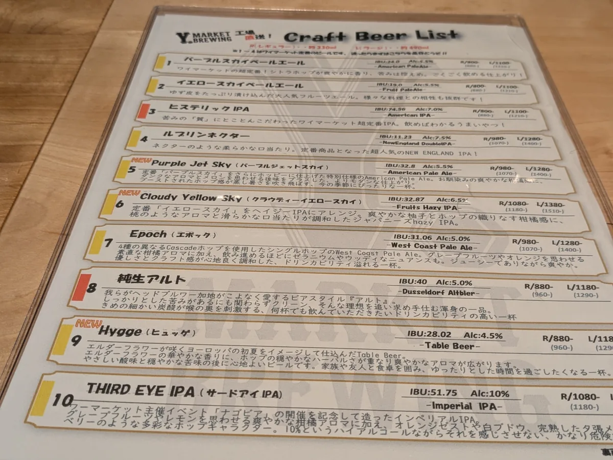 ワイマーケット工場直送クラフトビール18種が並ぶナゴロバのビールリスト