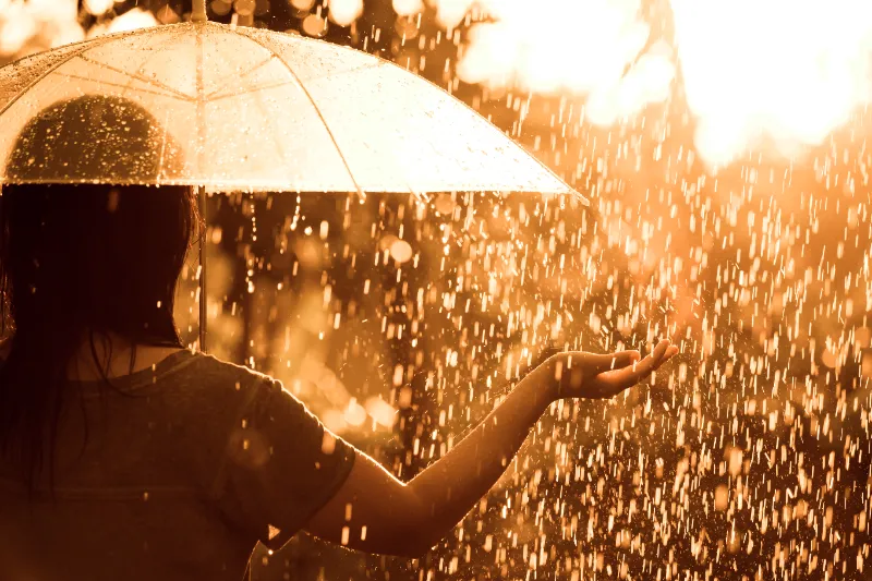 雨の中で傘を差し、手のひらで雨を確かめる人（イメージ写真）