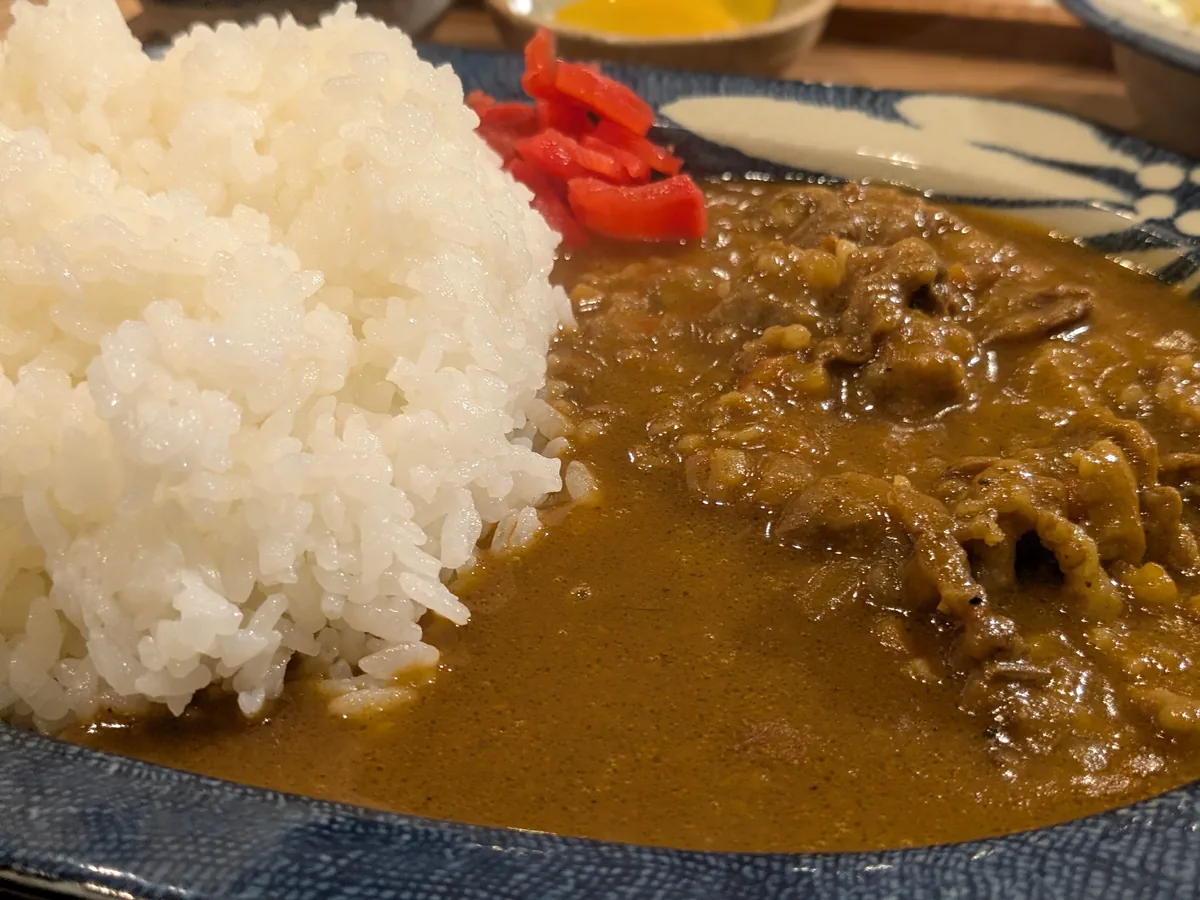 丸明 茶屋ヶ坂店の飛騨牛カレーのアップ。ルーの中にごろっと入った飛騨牛