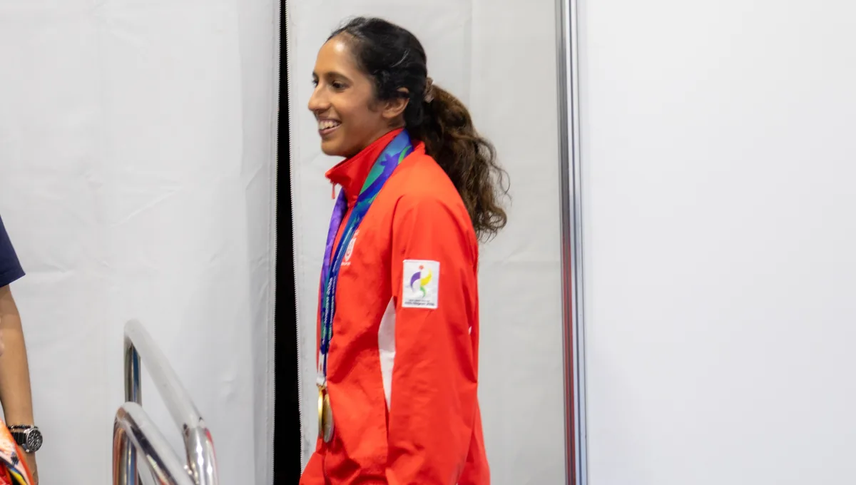 取材を終えて笑顔を見せるシャンティ・ペレイラ選手