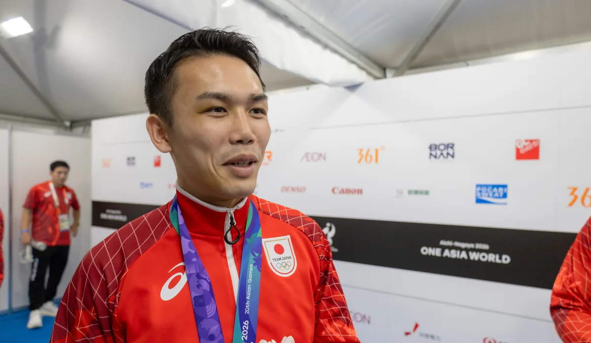 取材に応じるボクシングの北本隼輔選手