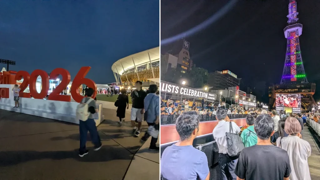 左：アジア大会のパロマ瑞穂スタジアム前のモニュメント、右：ONE ASIA WORLDのメダリストセレブレーション会場（いずれも9月撮影）