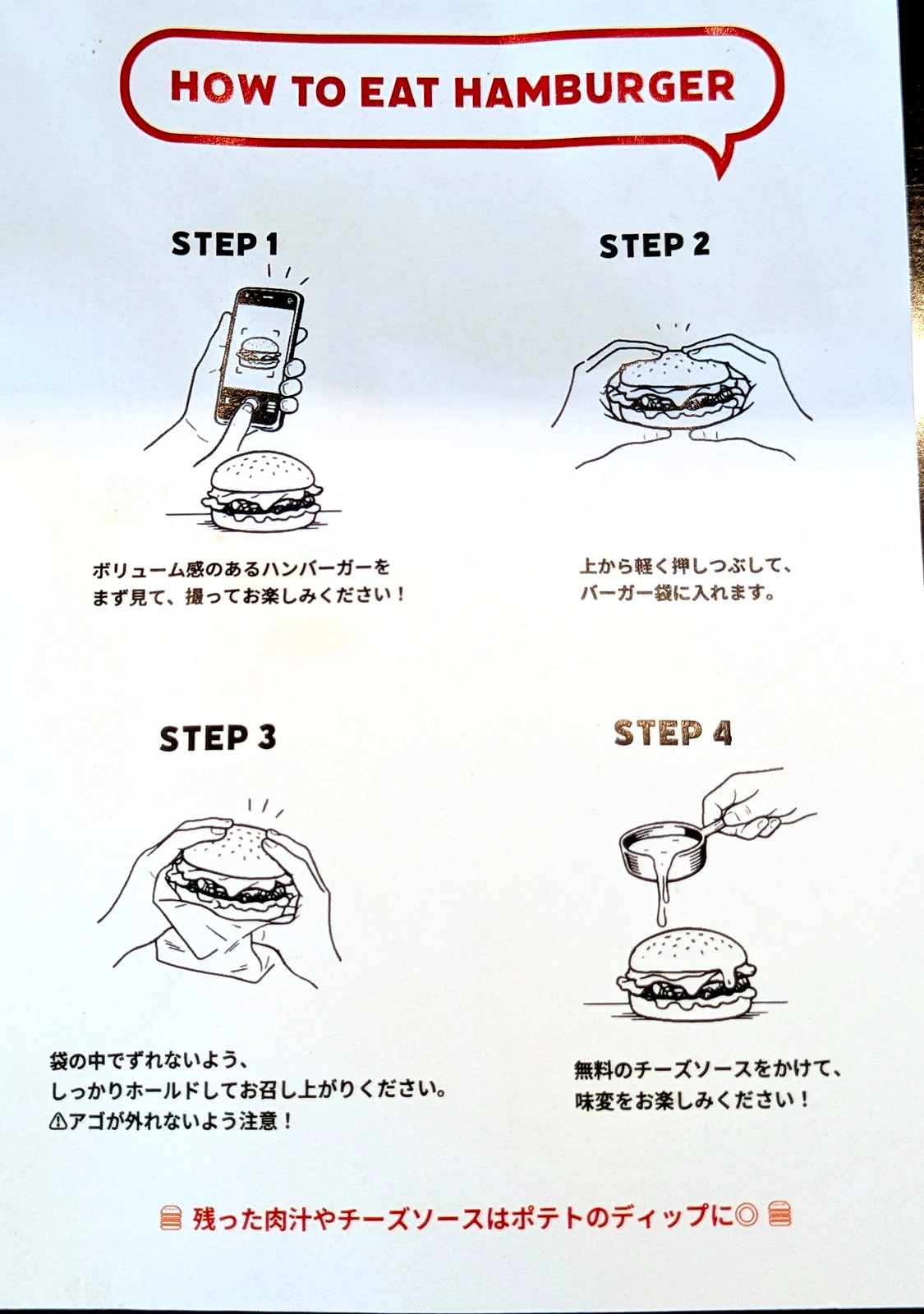 CHEDDARの「HOW TO EAT HAMBURGER」。袋に入れて押さえ、無料のチーズソースで味変する食べ方の案内