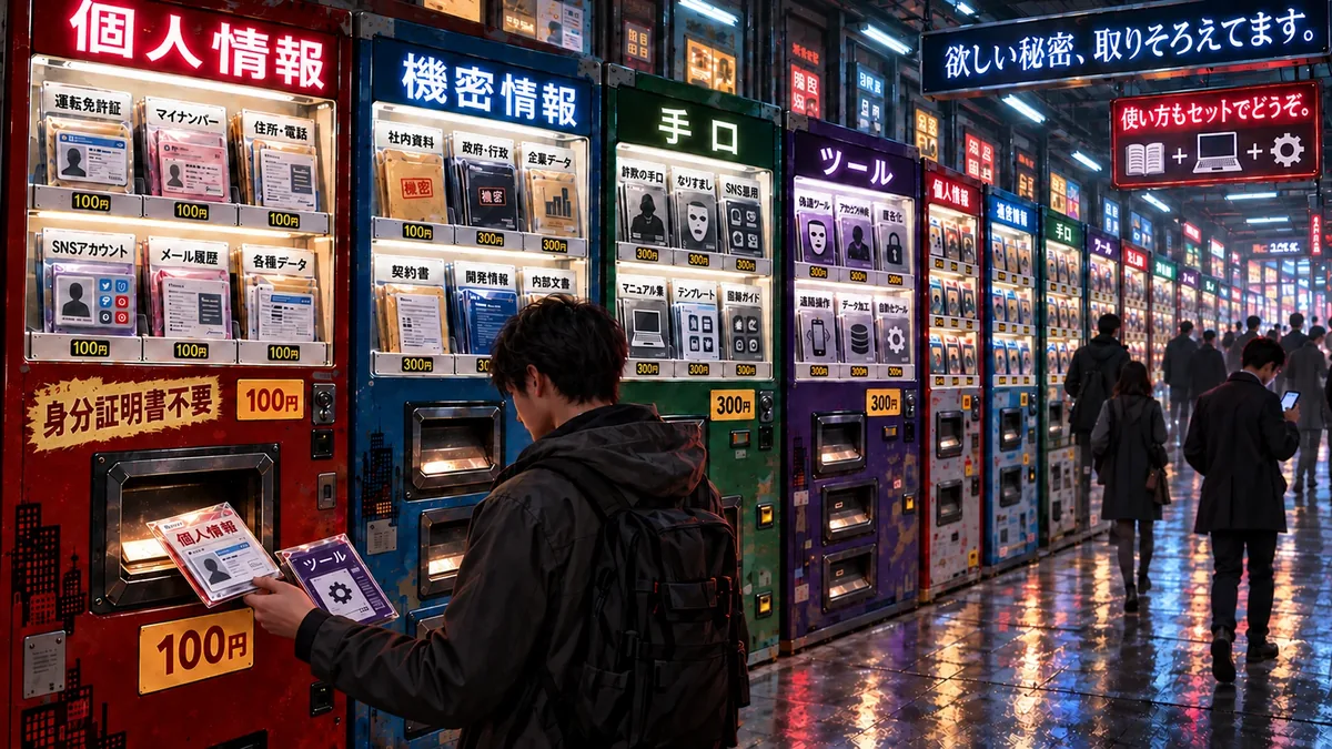 個人情報や機密情報、詐欺の手口やツールが自動販売機で手軽に売られている様子を描いたイメージ画像