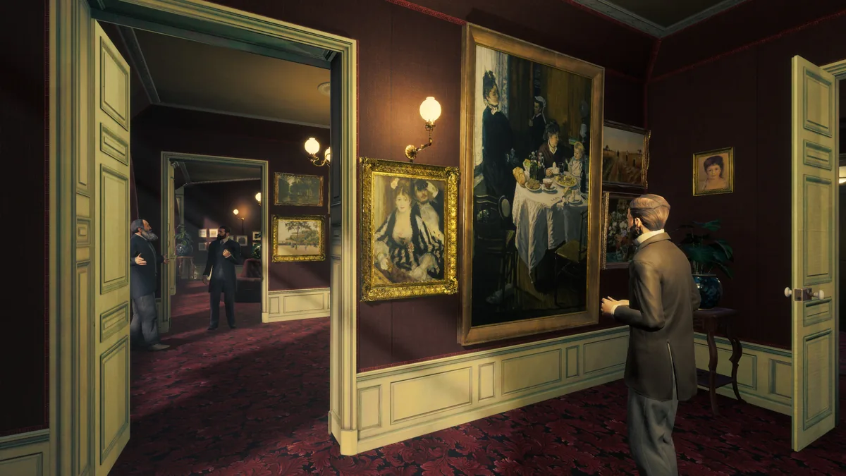 壁に印象派の絵が飾られた19世紀パリの展示室で、男性たちが絵を眺めているVR作品の一場面