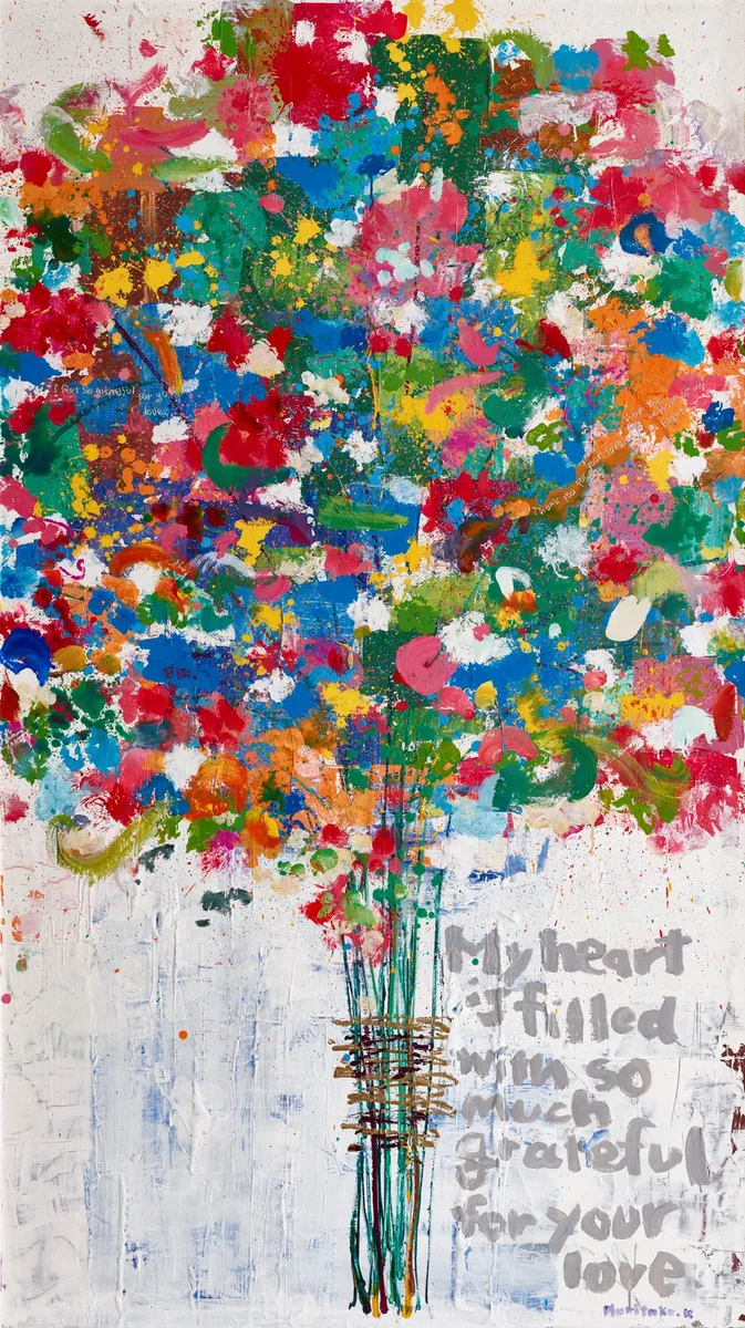 カラフルな花を束ねた花束を描いた木梨憲武さんの作品「感謝」