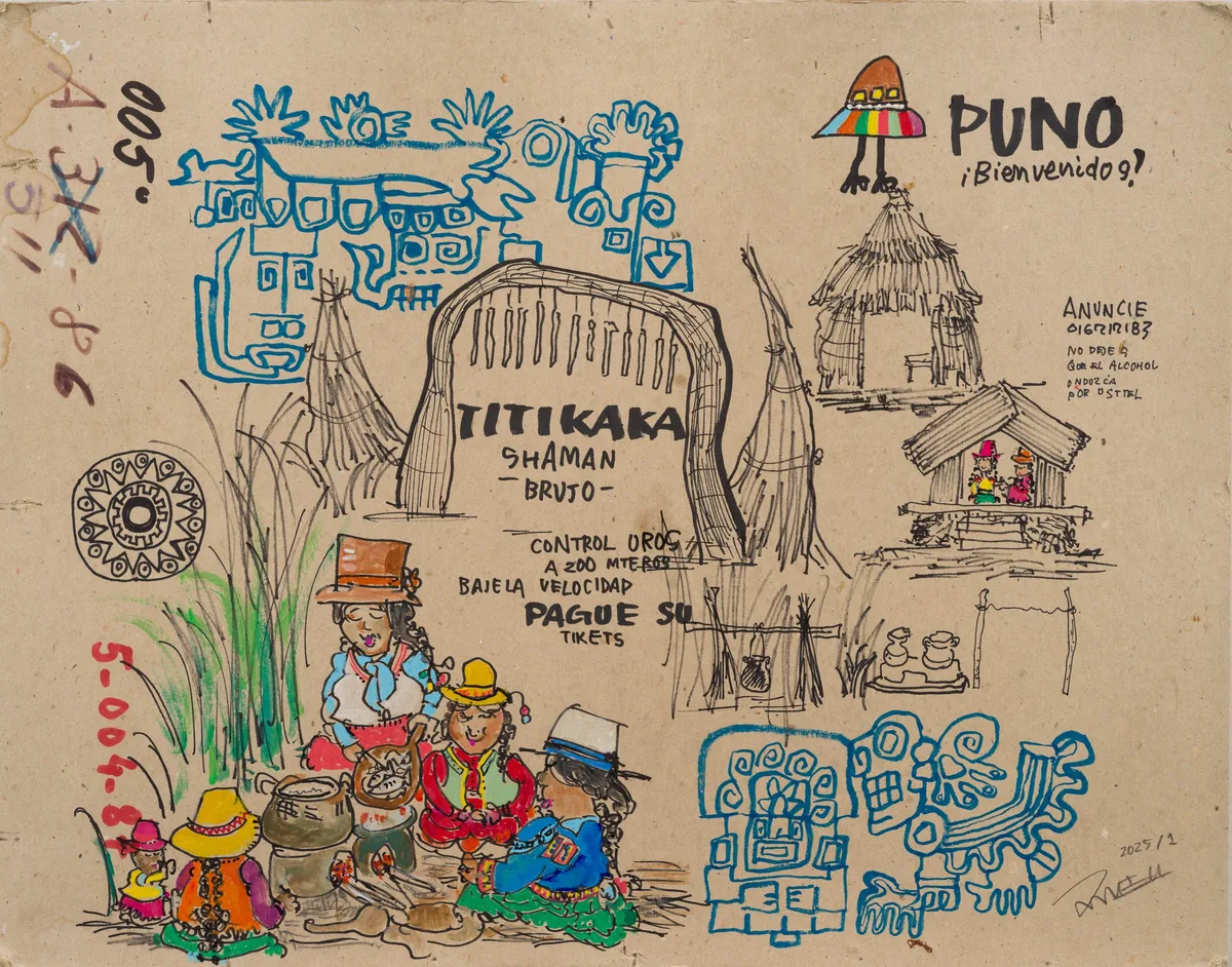 人々や建物、文字をペンと色で描き込んだ木梨憲武さんの作品「チチカカ湖のくらし」
