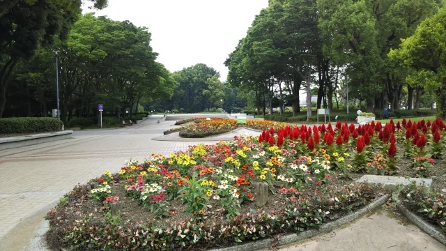 アジアパラ聖火リレーのグランドゴールが行われる名城公園の花壇と園路