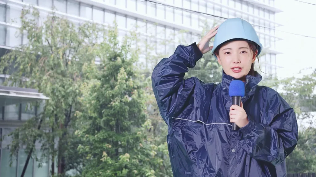 台風の雨の中、ヘルメットとレインウェア姿でマイクを持ち中継するリポーターのイメージ