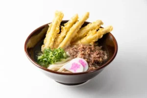 資さんうどんの人気No.1「肉ごぼ天うどん」。牛肉と細長いごぼう天がのったうどん